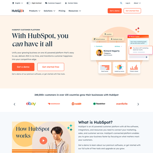 hubspot.com homepage in Mar 2025