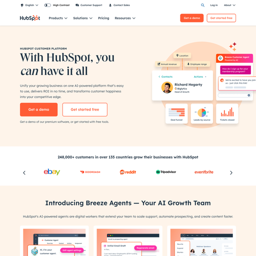 hubspot.com homepage in May 2025