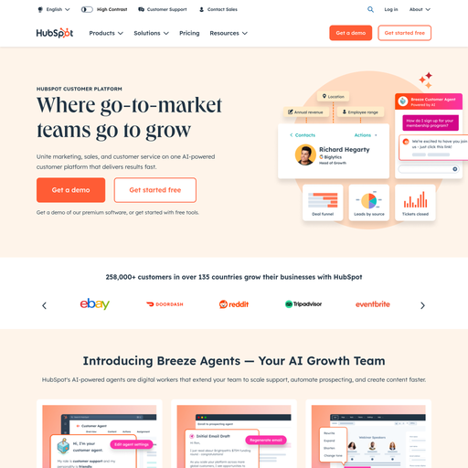 hubspot.com homepage in Sep 2025
