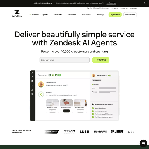zendesk.com homepage in Jan 2026