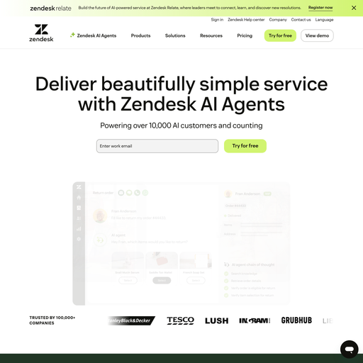 zendesk.com homepage in Feb 2026