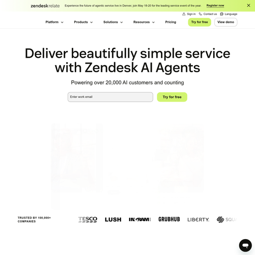 zendesk.com homepage in Apr 2026